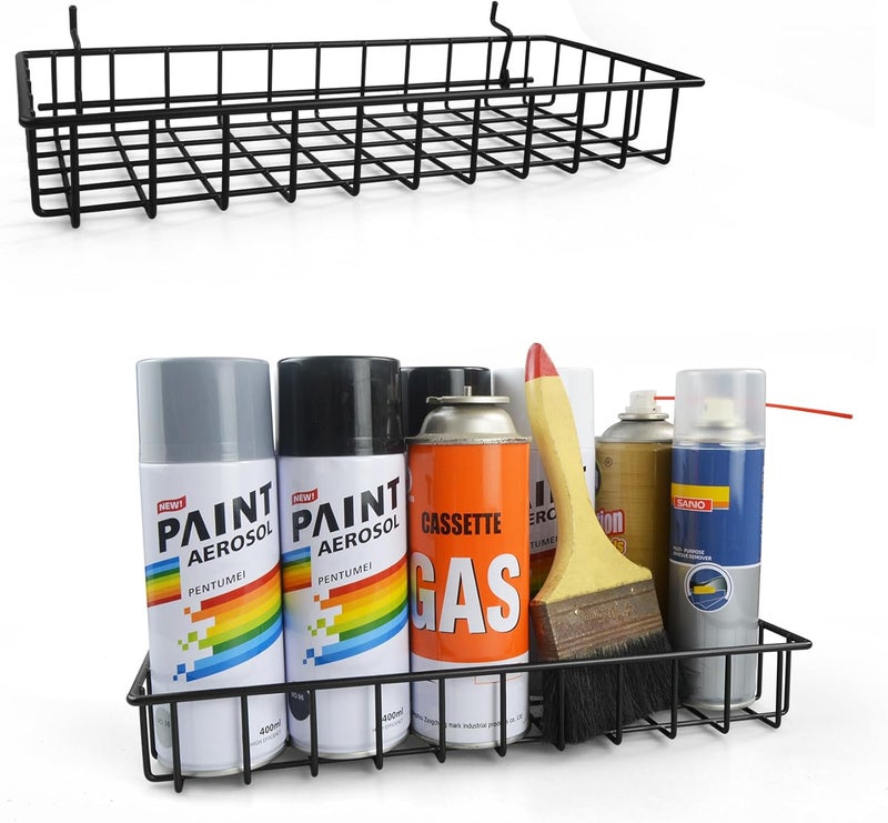 G.CORE Large Peg Board Baskets - 2 Pack Metal Shallow Tray Shelves for 1/4 Pegboards - Spray Bottle Holders Can Organizers for Garage Workbench Shop Hobby Craft Tool Organization (Black) - Image 1